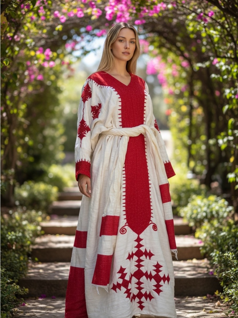 Ethiopia traditional dress Red and Ivory Embroidered V-Neck Maxi Dress እጅ ጥልፉ